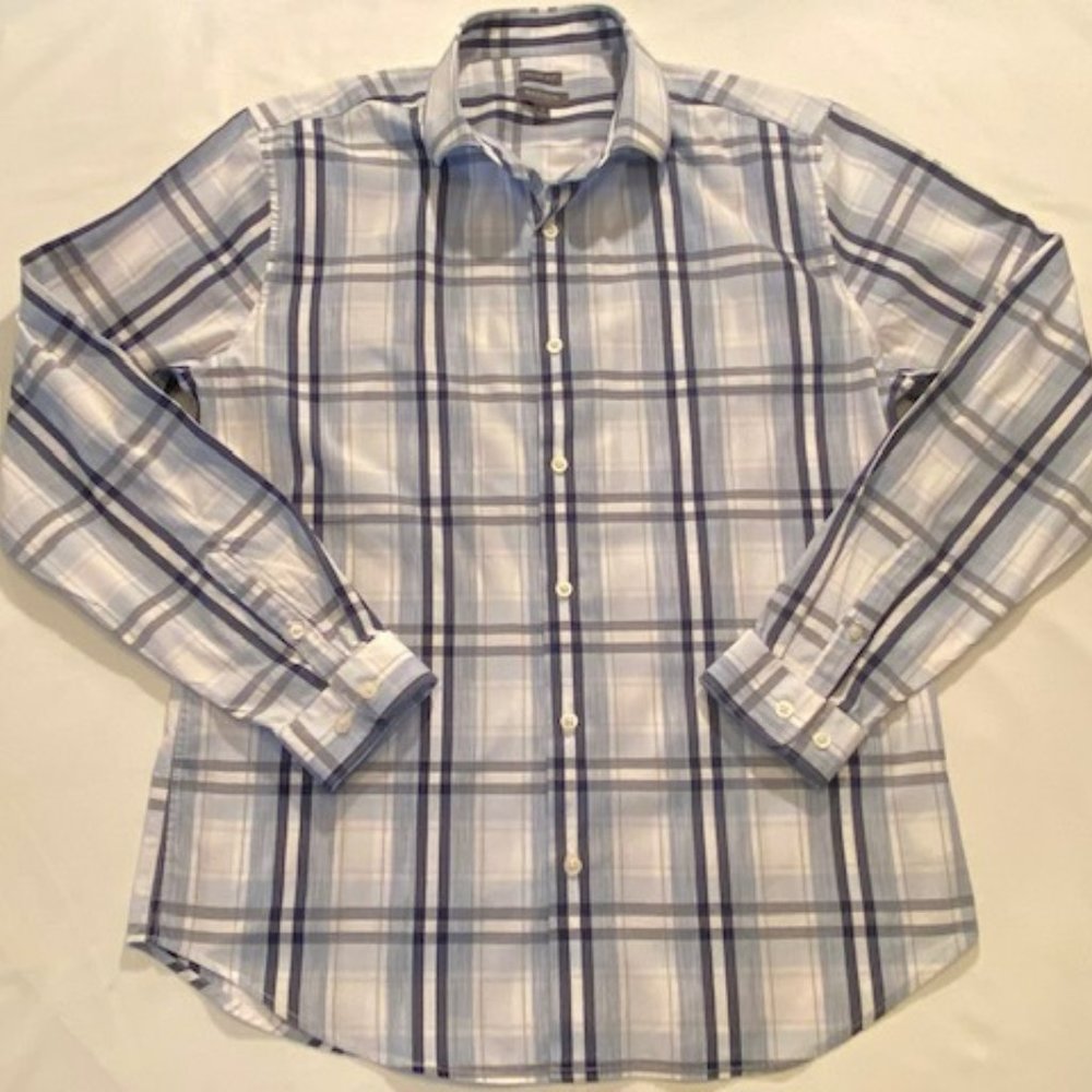 "Madison" Size "M" Men's Motion Stretch Plaid Long Sleeve Shirt - Navy/White